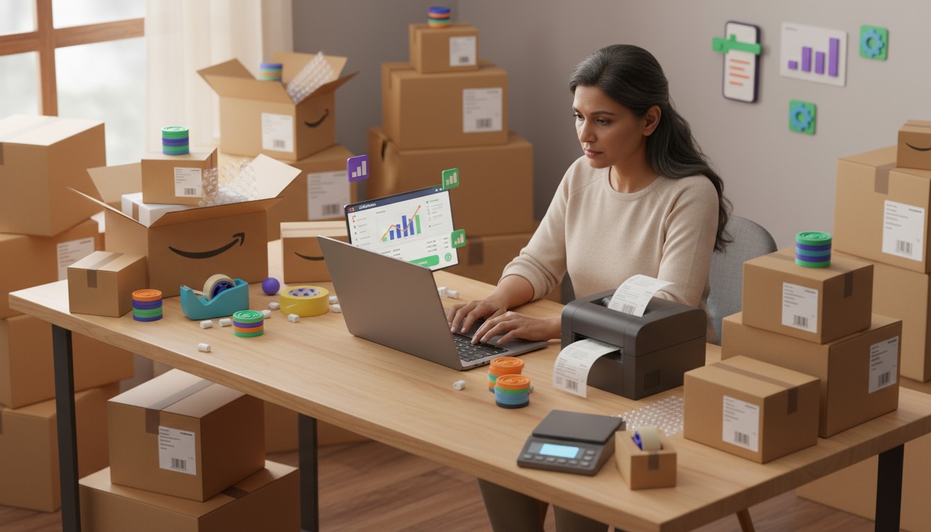 Photo of an FBM seller printing shipping labels with ShipStation, surrounded by packed boxes.